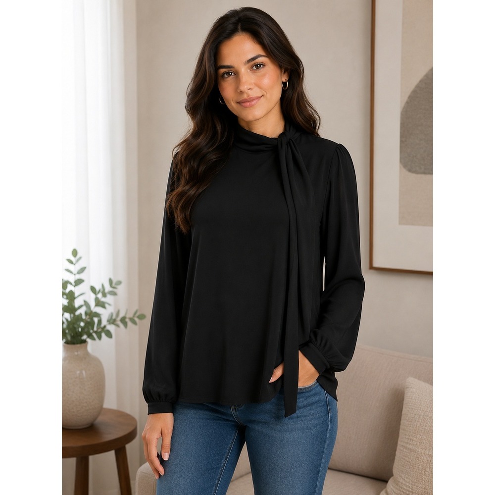 Cable & Gauge Womens‎ XL Black Mock Neck Scarf Tie Sheer Chiffon Sleeve Blouse